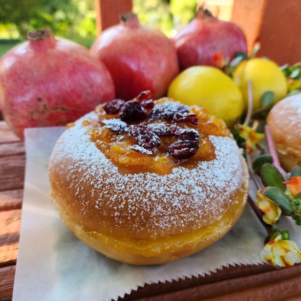 A Thanksgiving donut with sweet orange marmalade and cranberry topping, lightly dusted with powdered sugar. The round éclair-style donut is filled with orange jam and decorated with fresh fruits in the background.