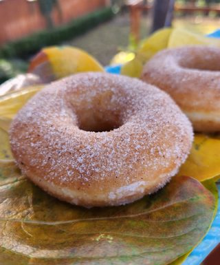 A glazed donut with sprinkle sugar filled with rich eggnog cream, showcasing a soft, fluffy interior and a festive holiday appeal.