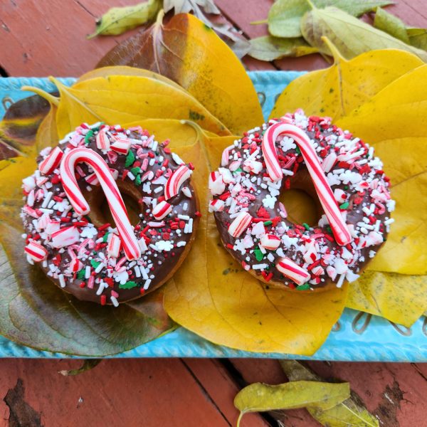 A donut with chocolate icing, topped with crushed candy canes, festive sprinkles, snowflake accents, and a whole candy cane, perfect for Christmas celebrations.